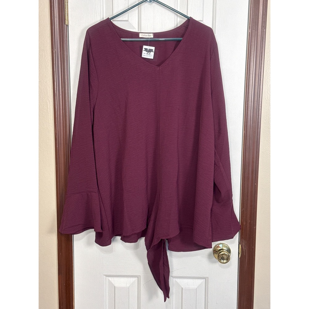 Cotton Bleu Tie-Front Blouse Bell Sleeve V-Neck Top Wine Purple 3X